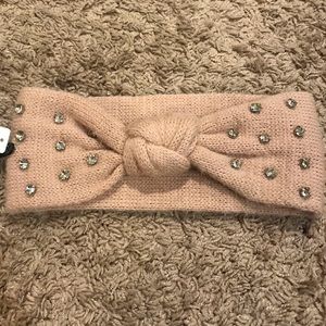 NEW Designer Bow Rhinestone Crystal Knit Soft Hair Band Headband Ear Muffs Pink